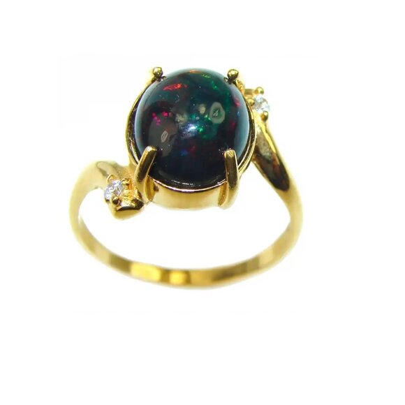 Vintage-Inspired Gold-Plated .925 Sterling Silver Genuine Black Opal Ring - Picture 2 of 5